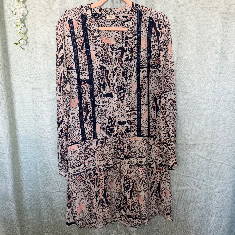 Anthropologie Tiny Paisley Lace Trim Shift Dress Navy Pink Womens‎ Large L Boho